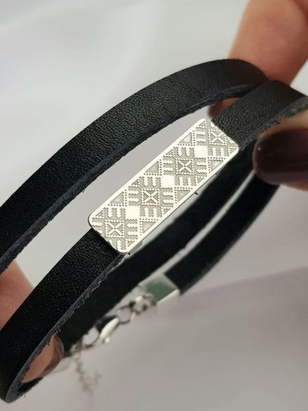 Браслет шкіряний подвійний чорний із персональним гравіюванням, срібло 925 проби, регульований 137 фото